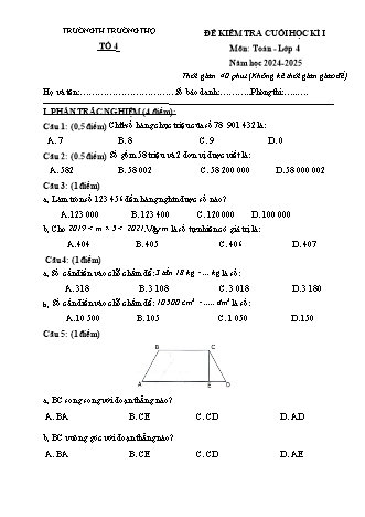 Bài kiểm tra cuối học kì I môn Toán 4 - Trường TH Trường Thọ - Năm học 2024-2025 (Có đáp án)