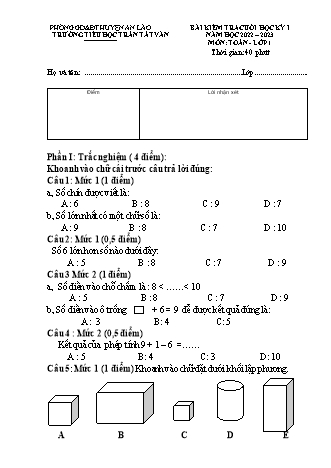 Bài kiểm tra cuối học kì I môn Toán, Tiếng Việt 1 - Trường TH Trần Tất Văn, Huyện An Lão - Năm học 2022-2023
