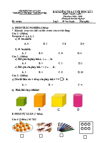 Bài kiểm tra cuối học kì I môn Toán, Tiếng Việt 1 - Trường TH Trường Thọ, Huyện An Lão - Năm học 2023-2024