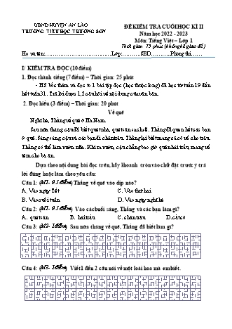 Bài kiểm tra cuối học kì II môn Tiếng Việt 1 - Trường TH Trường Sơn, Huyện An Lão - Năm học 2022-2023 (Hướng dẫn chấm)