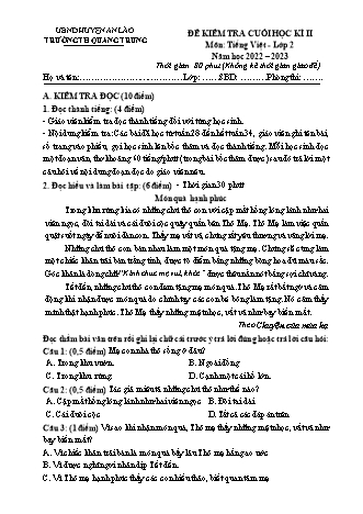 Bài kiểm tra cuối học kì II môn Tiếng Việt 2 - Trường TH Quang Trung, Huyện An Lão - Năm học 2022-2023 (Có đáp án)
