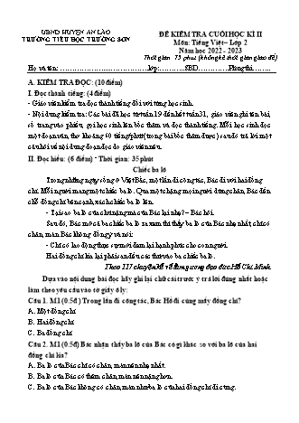 Bài kiểm tra cuối học kì II môn Tiếng Việt 2 - Trường TH Trường Sơn, Huyện An Lão - Năm học 2022-2023 (Hướng dẫn chấm)