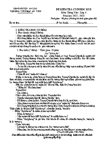 Bài kiểm tra cuối học kì II môn Tiếng Việt 4 - Trường TH An Tiên, Huyện An Lão - Năm học 2022-2023 (Hướng dẫn chấm)