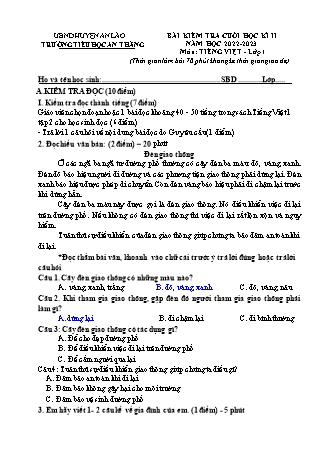 Bài kiểm tra cuối học kì II môn Tiếng Việt (Lớp 1 đến Lớp 5) - Trường TH An Thắng, Huyện An Lão - Năm học 2022-2023 (Kèm hướng dẫn chấm)