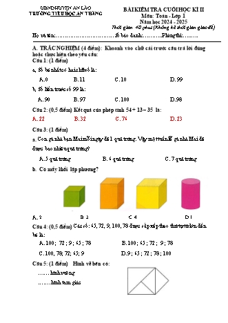 Bài kiểm tra cuối học kì II môn Toán 1 - Trường TH An Thắng, Huyện An Lão (Năm học 2024-2025)(Hướng dẫn chấm)