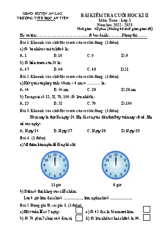 Bài kiểm tra cuối học kì II môn Toán 1 - Trường TH An Tiên, Huyện An Lão - Năm học 2022-2023 (Có đáp án)