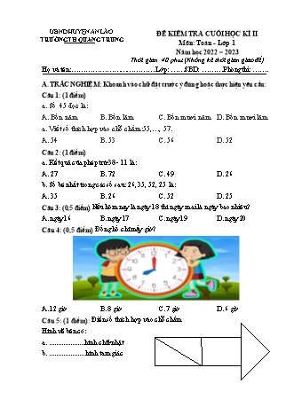 Bài kiểm tra cuối học kì II môn Toán 1 - Trường TH Quang Trung, Huyện An Lão - Năm học 2022-2023 (Có đáp án)