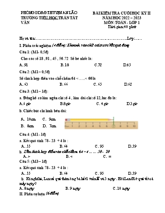 Bài kiểm tra cuối học kì II môn Toán 1 - Trường TH Trần Tất Văn, Huyện An Lão - Năm học 2022-2023