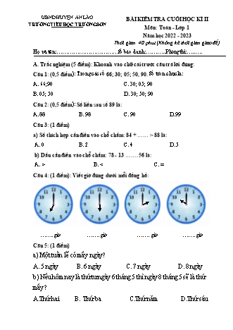 Bài kiểm tra cuối học kì II môn Toán 1 - Trường TH Trường Sơn, Huyện An Lão - Năm học 2022-2023 (Có đáp án)