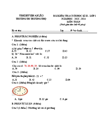 Bài kiểm tra cuối học kì II môn Toán 1 - Trường TH Trường Thọ, Huyện An Lão - Năm học 2023-2024