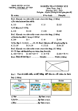 Bài kiểm tra cuối học kì II môn Toán 2 - Trường TH An Tiên, Huyện An Lão - Năm học 2022-2023 (Có đáp án)