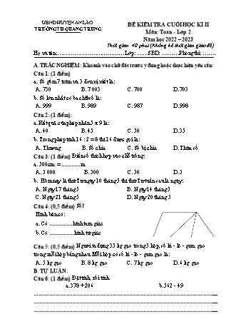 Bài kiểm tra cuối học kì II môn Toán 2 - Trường TH Quang Trung, Huyện An Lão - Năm học 2022-2023 (Có đáp án)