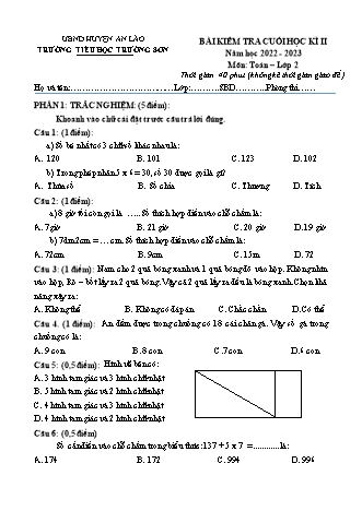 Bài kiểm tra cuối học kì II môn Toán 2 - Trường TH Trường Sơn, Huyện An Lão - Năm học 2022-2023 (Có đáp án)