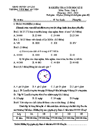 Bài kiểm tra cuối học kì II môn Toán 3 - Trường TH An Tiên, Huyện An Lão - Năm học 2022-2023 (Có đáp án)