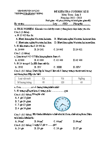 Bài kiểm tra cuối học kì II môn Toán 3 - Trường TH Quang Trung, Huyện An Lão - Năm học 2022-2023 (Có đáp án)