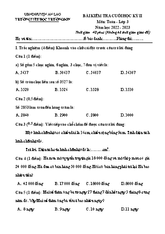 Bài kiểm tra cuối học kì II môn Toán 3 - Trường TH Trường Sơn, Huyện An Lão - Năm học 2022-2023 (Có đáp án)
