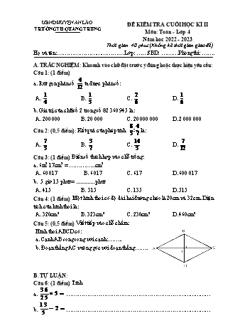 Bài kiểm tra cuối học kì II môn Toán 4 - Trường TH Quang Trung, Huyện An Lão - Năm học 2022-2023 (Có đáp án)
