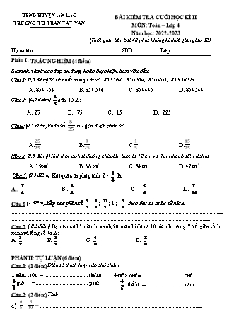 Bài kiểm tra cuối học kì II môn Toán 4 - Trường TH Trần Tất Văn, Huyện An Lão - Năm học 2022-2023