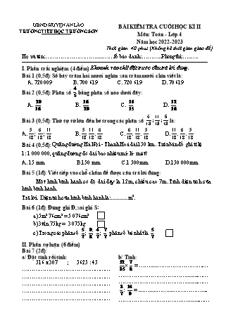 Bài kiểm tra cuối học kì II môn Toán 4 - Trường TH Trường Sơn, Huyện An Lão - Năm học 2022-2023 (Có đáp án)