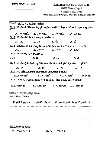 Bài kiểm tra cuối học kì II môn Toán 5 - Huyện An Lão - Năm học 2022-2023