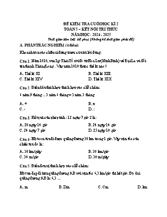 Bài kiểm tra cuối học kì II môn Toán 5 (Kết nối tri thức) - Năm học 2024-2025 (Kèm ma trận)