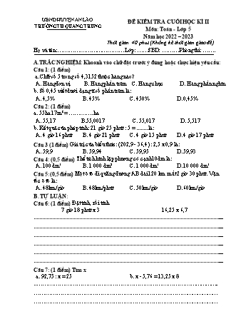 Bài kiểm tra cuối học kì II môn Toán 5 - Trường TH Quang Trung, Huyện An Lão - Năm học 2022-2023 (Có đáp án)