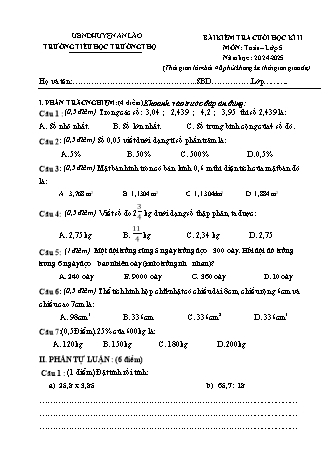 Bài kiểm tra cuối học kì II môn Toán 5 - Trường TH Trường Thọ, Huyện An Lão - Năm hoc 2024-2025