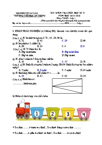 Bài kiểm tra cuối học kì II môn Toán (Lớp 1 đến Lớp 5) - Trường TH An Thắng, Huyện An Lão - Năm học 2022-2023 (Kèm hướng dẫn chấm)