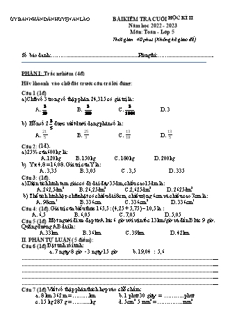 Bài kiểm tra cuối học kì II môn Toán Lớp 5 - Huyện An Lão - Năm học 2022-2023