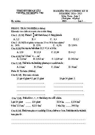 Bài kiểm tra cuối học kì II môn Toán Lớp 5 - Trường TH Trường Thọ, Huyện An Lão - Năm học 2024-2025
