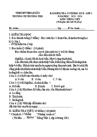 Bài kiểm tra cuối học kì II môn Toán, Tiếng Việt 1 - Trường TH Trường Thọ, Huyện An Lão - Năm học 2023-2024 (Đề 1)