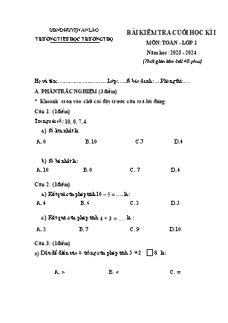 Bài kiểm tra cuối học kì II môn Toán, Tiếng Việt 1 - Trường TH Trường Thọ, Huyện An Lão - Năm hoc 2023-2024