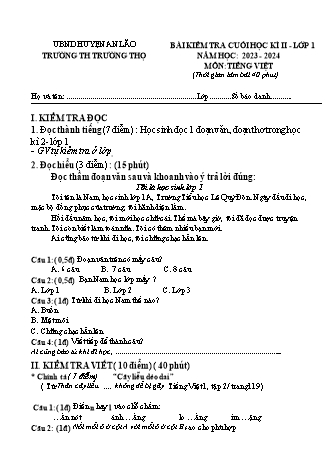 Bài kiểm tra cuối học kì II môn Toán, Tiếng Việt 1 - Trường TH Trường Thọ, Huyện An Lão - Năm học 2023-2024 (Đề 2)