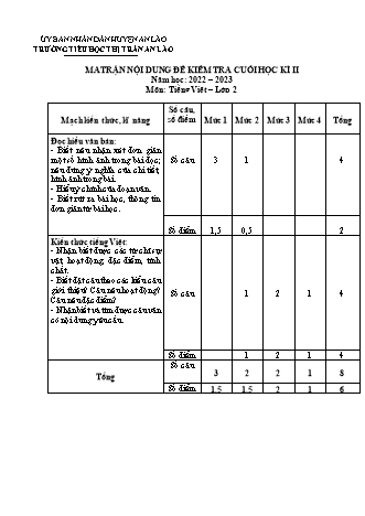 Bài kiểm tra cuối học kì II môn Toán, Tiếng Việt 2 - Trường TH Thị trấn An Lao, Huyện An Lão - Năm học 2022-2023 (Ma trận + Hướng dẫn chấm)