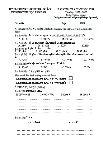 Bài kiểm tra cuối học kì II môn Toán, Tiếng Việt 3 - Trường TH Tân Dân, Huyện An Lão - Năm học 2021-2022 (Hướng dẫn chấm)