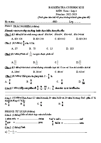 Bài kiểm tra cuối học kì II môn Toán, Tiếng Việt 4 - Năm học 2022-2023 (Hướng dẫn chấm)