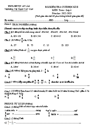 Bài kiểm tra cuối học kì II môn Toán, Tiếng Việt 4 - Trường TH Trần Tất Văn, Huyện An Lão - Năm học 2022-2023 (Hướng dẫn chấm)
