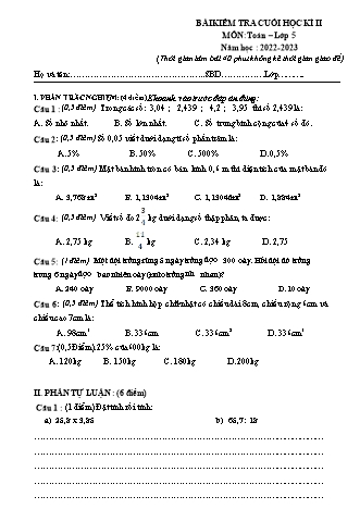 Bài kiểm tra cuối học kì II môn Toán, Tiếng Việt 5 - Năm học 2022-2023 (Hướng dẫn chấm)