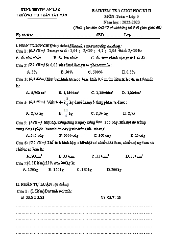 Bài kiểm tra cuối học kì II môn Toán, Tiếng Việt 5 - Trường TH Trần Tất Văn, Huyện An Lão - Năm học 2022-2023 (Hướng dẫn chấm)