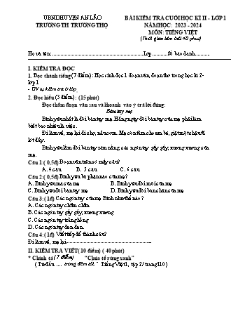 Bài kiểm tra cuối học kì II môn Toán, Tiếng Việt Lớp 1 - Trường TH Trường Thọ, Huyện An Lão - Năm học 2023-2024