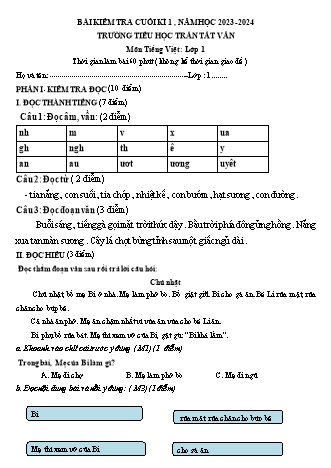 Bài kiểm tra cuối kì 1 môn Tiếng Việt 1 - Trường TH Trần Tất Văn - Năm học 2023-2024