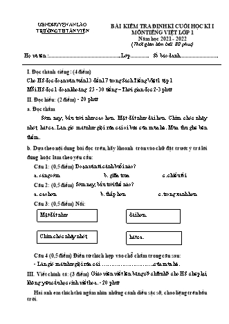 Bài kiểm tra định kì cuối học kì I môn Tiếng Việt 1 - Trường TH Tân Viên, Huyện An Lão - Năm học 2021-2022 (Hướng dẫn chấm)