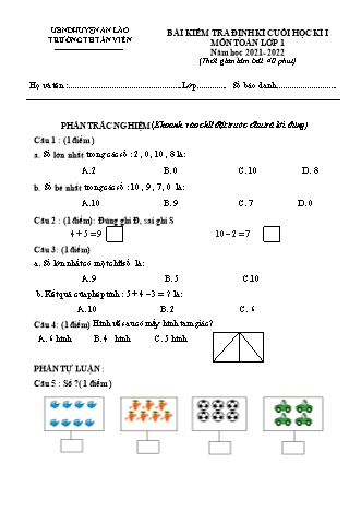 Bài kiểm tra định kì cuối học kì I môn Toán 1 - Trường TH Tân Viên, Huyện An Lão - Năm học 2021-2022