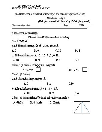 Bài kiểm tra định kì cuối học kì I môn Toán, Tiếng Việt 1 - Trường TH Trần Tất Văn, Huyện An Lão - Năm học 2022-2023 (Ma trận + Hướng dẫn chấm)