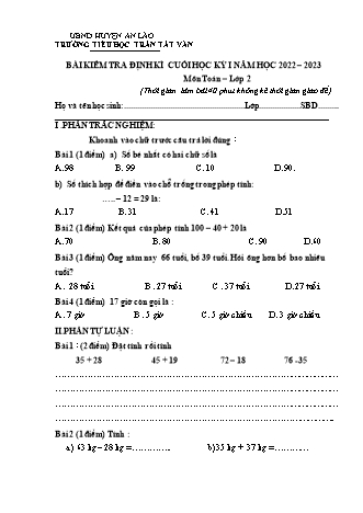 Bài kiểm tra định kì cuối học kì I môn Toán, Tiếng Việt 2 - Trường TH Trần Tất Văn, Huyện An Lão - Năm học 2022-2023 (Ma trận + Hướng dẫn chấm)