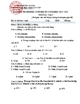 Bài kiểm tra định kì cuối học kì I môn Toán, Tiếng Việt 3 - Trường TH Trần Tất Văn, Huyện An Lão - Năm học 2023-2024 (Kèm hướng dẫn chấm)