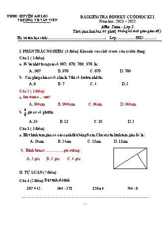 Bài kiểm tra định kì cuối học kì I môn Toán, Tiếng Việt 3 - Trường TH Tân Viên, Huyện An Lão - Năm học 2021-2022 (Hướng dẫn chấm)