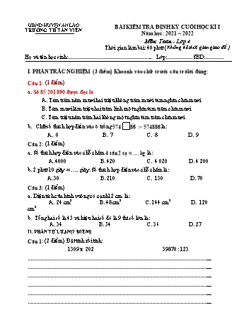Bài kiểm tra định kì cuối học kì I môn Toán, Tiếng Việt 4 - Trường TH Tân Viên, Huyện An Lão - Năm học 2021-2022 (Hướng dẫn chấm)