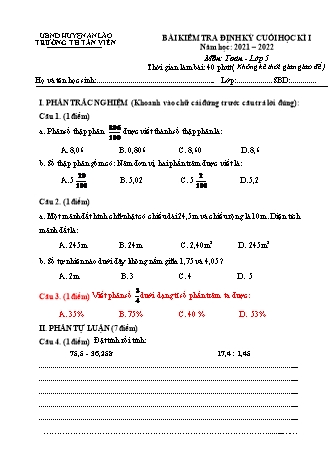 Bài kiểm tra định kì cuối học kì I môn Toán, Tiếng Việt 5 - Trường TH Tân Viên, Huyện An Lão - Năm học 2021-2022 (Hướng dẫn chấm)