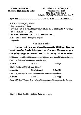 Bài kiểm tra định kì cuối học kì II môn Tiếng Việt 1 - Trường TH An Tiên, Huyện An Lão - Năm học 2022-2023 (Có đáp án)